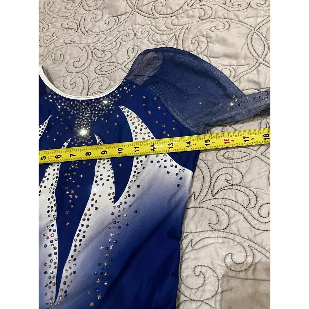 OZone Blue White Rhinestone Long Sleeve Gymnastics Leotard Adult XL